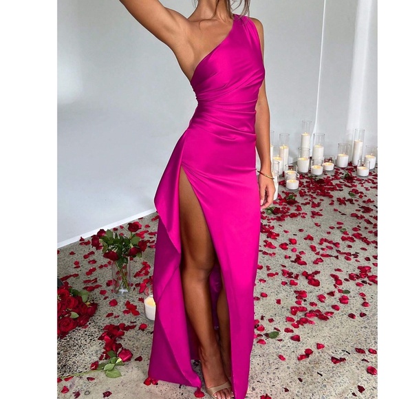Luxe Hot Pink One Shoulder Satin Party Evening Prom Dress - Picture 2 of 4